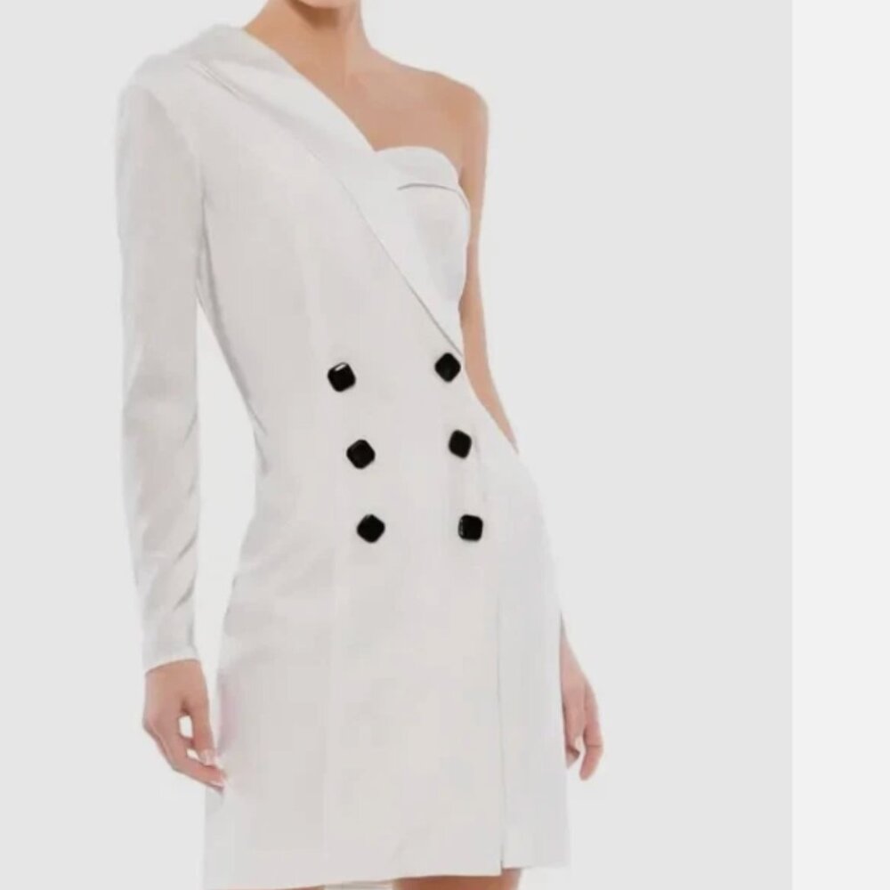 NWT Mac Duggal White One-Shoulder Tuxedo Cocktail Mini Dress Size 2 $298